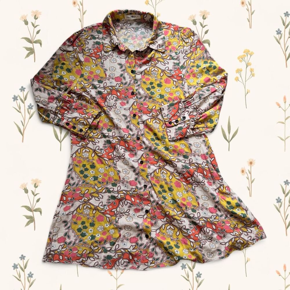 Natural Life Twiggy Floral Patchwork Mini Shirt Dress Boho Retro Large